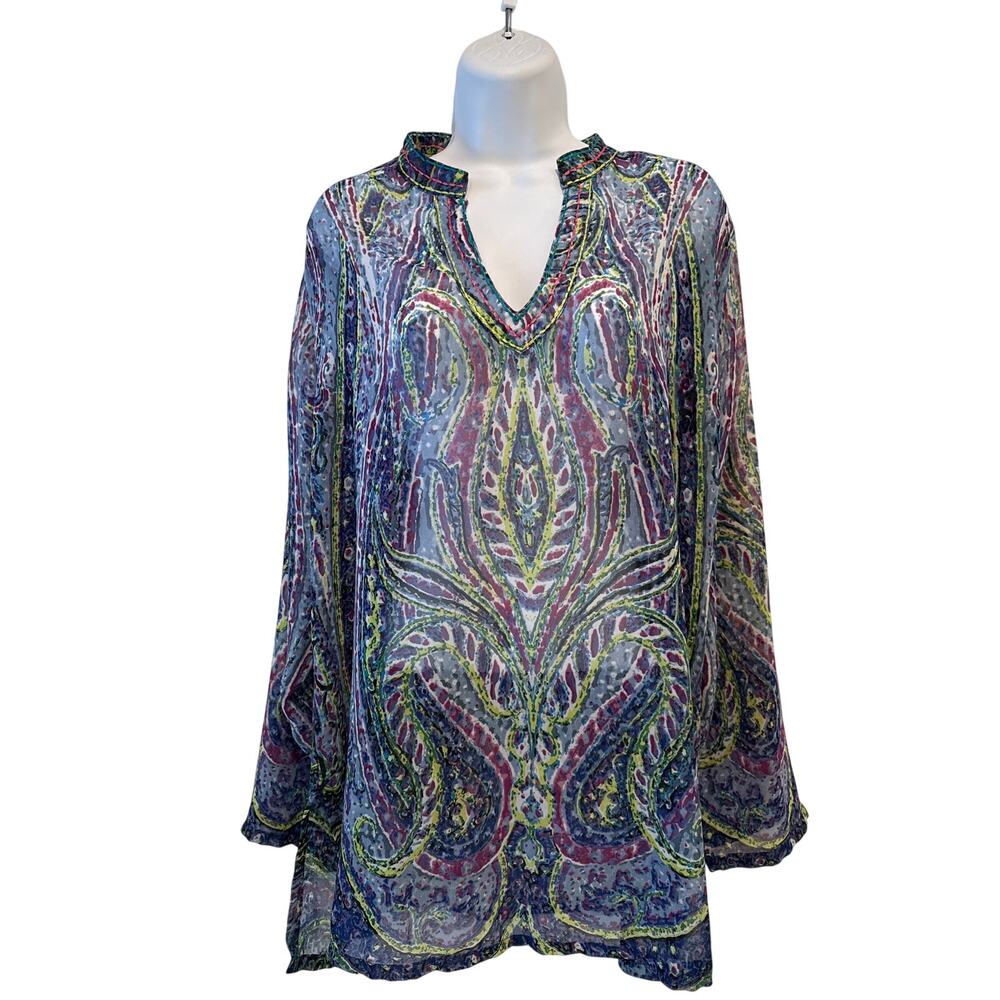 Travelsmith Sheer Blue, Green & Purple Embroidered Paisley Tunic XL VGUC